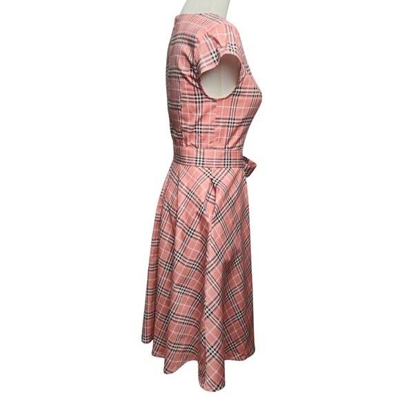 Pink Plaid Fit & Flare Dress With Belted Waist & Cap Sleeves And Pockets Small - Picture 3 of 14